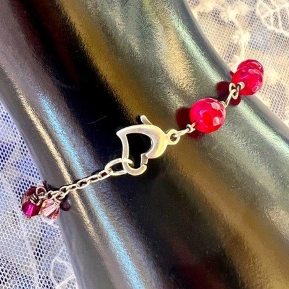 Vintage Dainty Fresh Water Pearl & Red Crystal Bracelet Sterling Heart Clasp